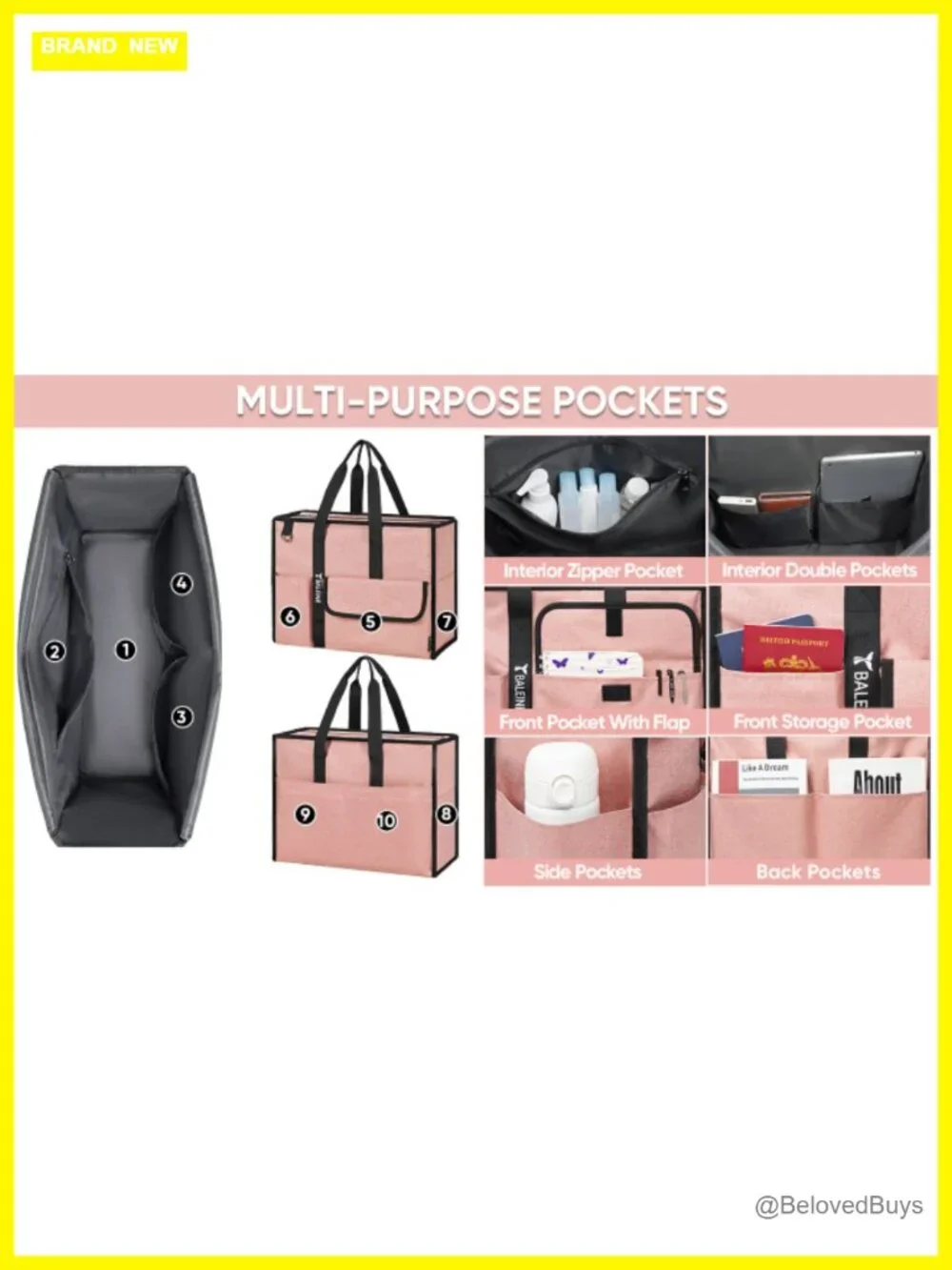 Large Utility Tote Bag with Reinforced Bottom, Multi Pockets Foldable